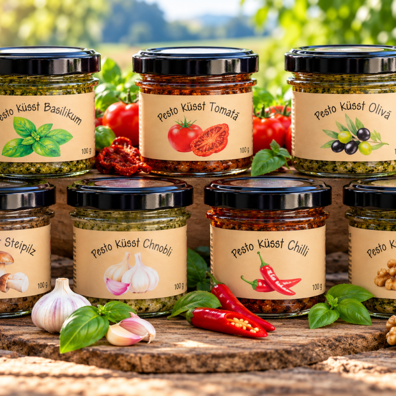 Sieben Pesto-Gläser im Kräutergarten