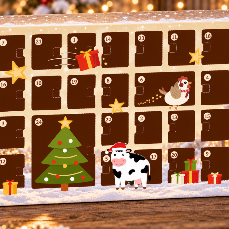 Verschneiter Adventskalender mit Bauernhofmotiven
